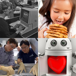 A collage of four pictures: 1) a woman typing at an old computer, 2) a young girl eating cookies, 3) a robot with a heart, 4) two engineers repairing wafer fabrication equipment
