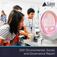Graphic of three young students looking into a microscope with text saying ‘2021 Environmental, Social, and Governance Report’