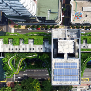Building overhead view with solar panels