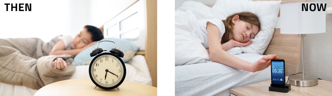 two pictures of children sleeping one with an alarm clock and one with a phone