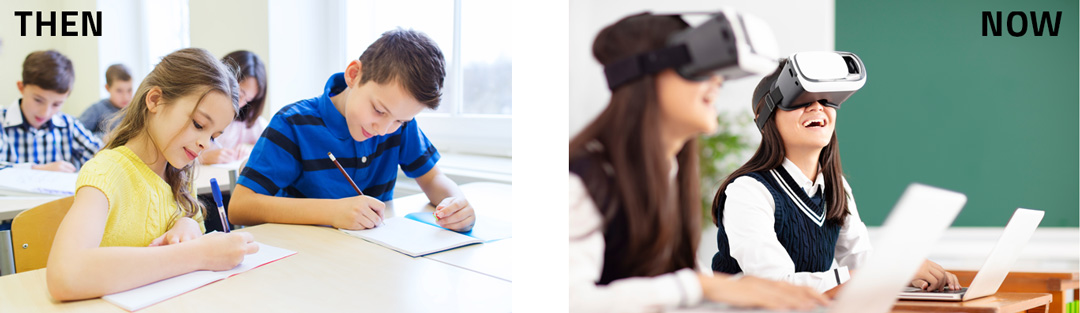 two pictures of students one writing on paper one using VR machine