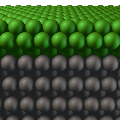 A graphic interpretation of green atoms deposited onto gray atoms. 
