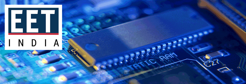 A closeup of a circuit board with the logo of EET India over the top