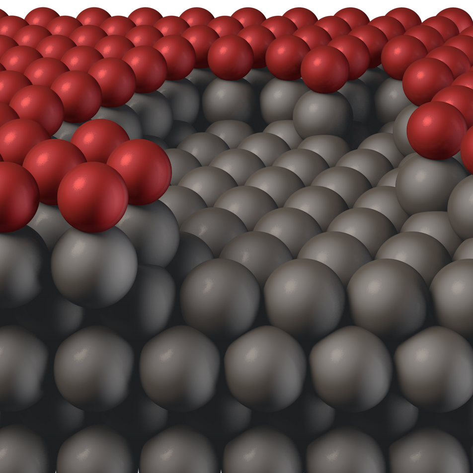 A graphic interpretation of red atoms being removed (etched) from a stack of gray atoms.
