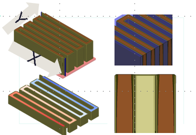 Composite image displaying the resistance extraction simulation and cross section analysis performed in this study. 4 images make up the composite image. Upper left: 3D visualization of serpentine metal line patterns built into the model. Upper right: Top view of TaN/Ta deposition in simulated high aspect ratio metal stack, along with visible Cu deposition (shown in brown and blue colors). Lower left: Cross section view of metal stack. Lower right: Resistance extraction simulation of serpentine metal line patterns, with different colors (blue to red) highlighting areas of lower to higher resistance.