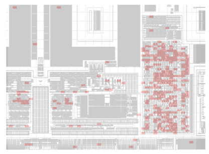 This figure displays a GDS file (layout file) after the completion of a Large Area Analysis simulation in SEMulator3D. Failures are identified in red in tiled areas of the GDS file