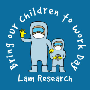 A cartoon of an adult and a child wearing a bunny suit. The text says 'Bring our children to work day, Lam Research'