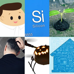 A collage of six images: a cartoon man, the periodic symbol of silicon (Si), a sprout growing out of a circuit board, a man scratching his head, a jack-o-lantern drone, and the shadow of a home with digital pictographs all over it