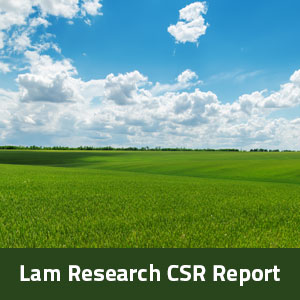 A photo of a green field with blue sky and clouds. The text says 'Lam Research CSR Report.'