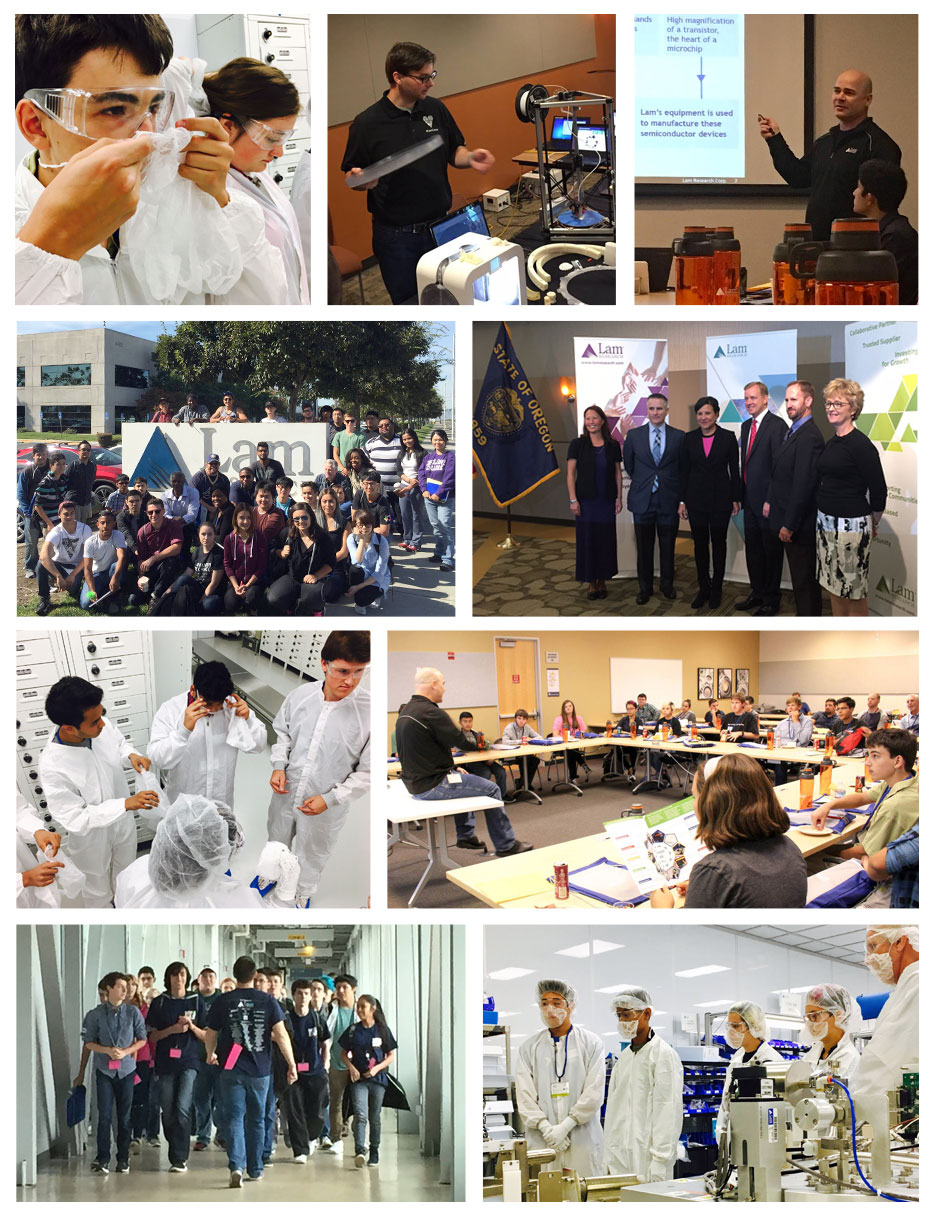 A collage of several photos showing young people visiting Lam's manufacturing and classroom facilities.