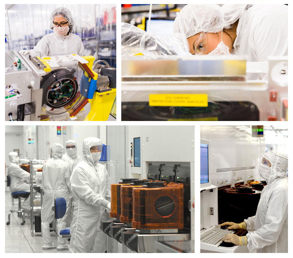 A collage of employees wearing bunny suits and working in a clean lab around high-tech wafer fabrication equipment.
