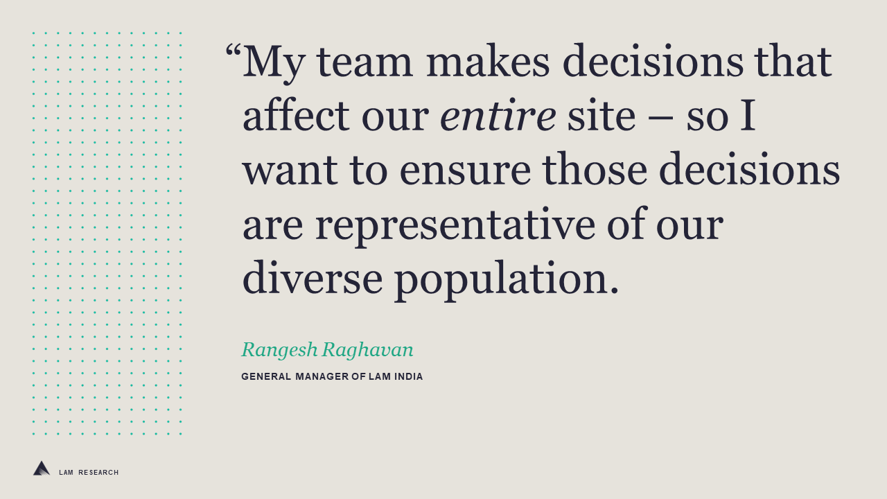 My team makes decisions that affect our entire site - so I want to ensure those decisions are representative of our diverse population. - Rangesh Raghavan, General Manager of Lam India