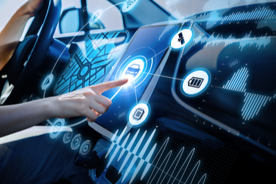 A digital rendering of a person touching a digital vehicle dashboard.