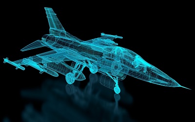A 3D digital mock-up of a fighter jet (see-through)
