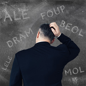 A man scratching his head in front of a bunch of acronyms: ALE, FOUP, BEOL, DRAM, LELE, and MOL