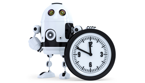  A black and white robot standing with one hand one hip and the other hand resting on a clock that reads 11:49.