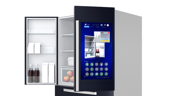 A digital rendering of a refrigerator with a smartphone, implying that you can use your smartphone to look inside your fridge. (In this case, to see wine bottles, fruit, and other beverage containers.)