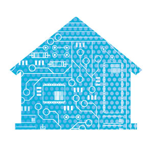 The outline of a home with several digital icons inside it (batteries, circles, lines).