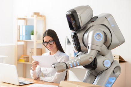 robot handing woman a piece of paper