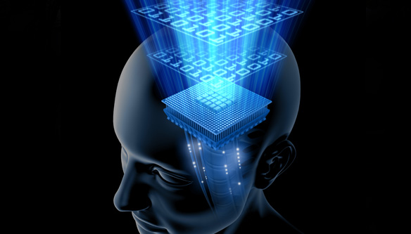 A digital rendering of a human head with 1s and 0s and microchips emanating from the inside.