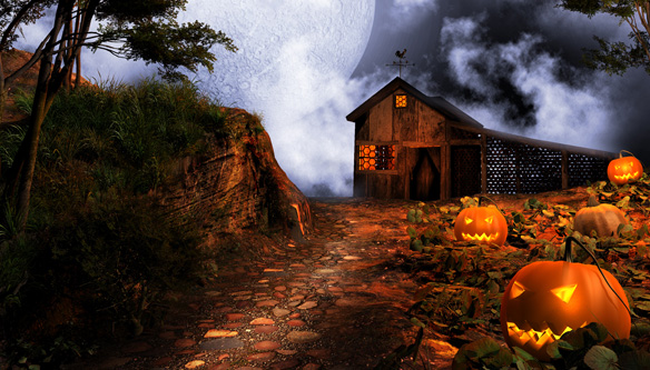 A haunted barn with jack-o-lanterns in front of it.