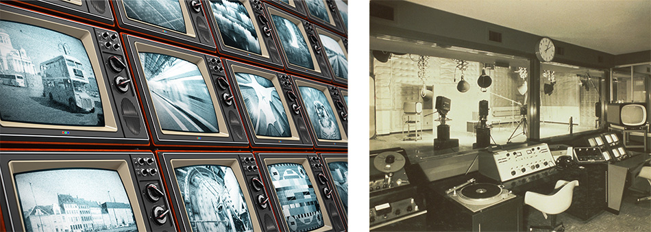 There are two images. On the left is a bank of black and white televisions. On the right is a sepia tone image of an old television studio.