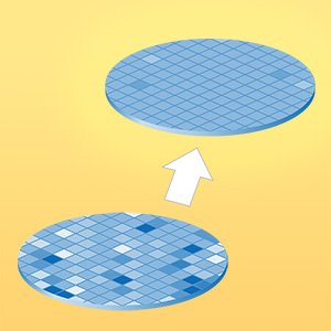 A cartoon rendering of a wafer with many variations progressing to a wafer with few variations.